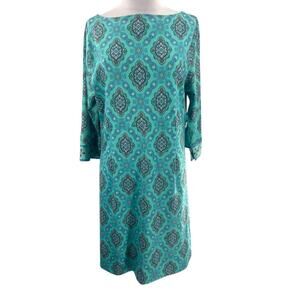 Gretchen Scott boatneck printed dress turquoise sz XL